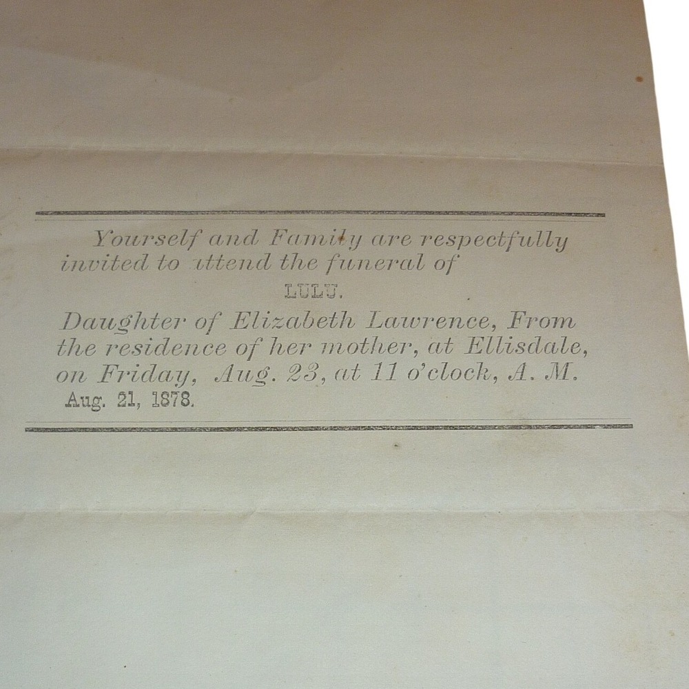 Antique 1878 Funeral Invitation Lulu Lawrence Elizabeth Lawrence Ellisdale 1870s